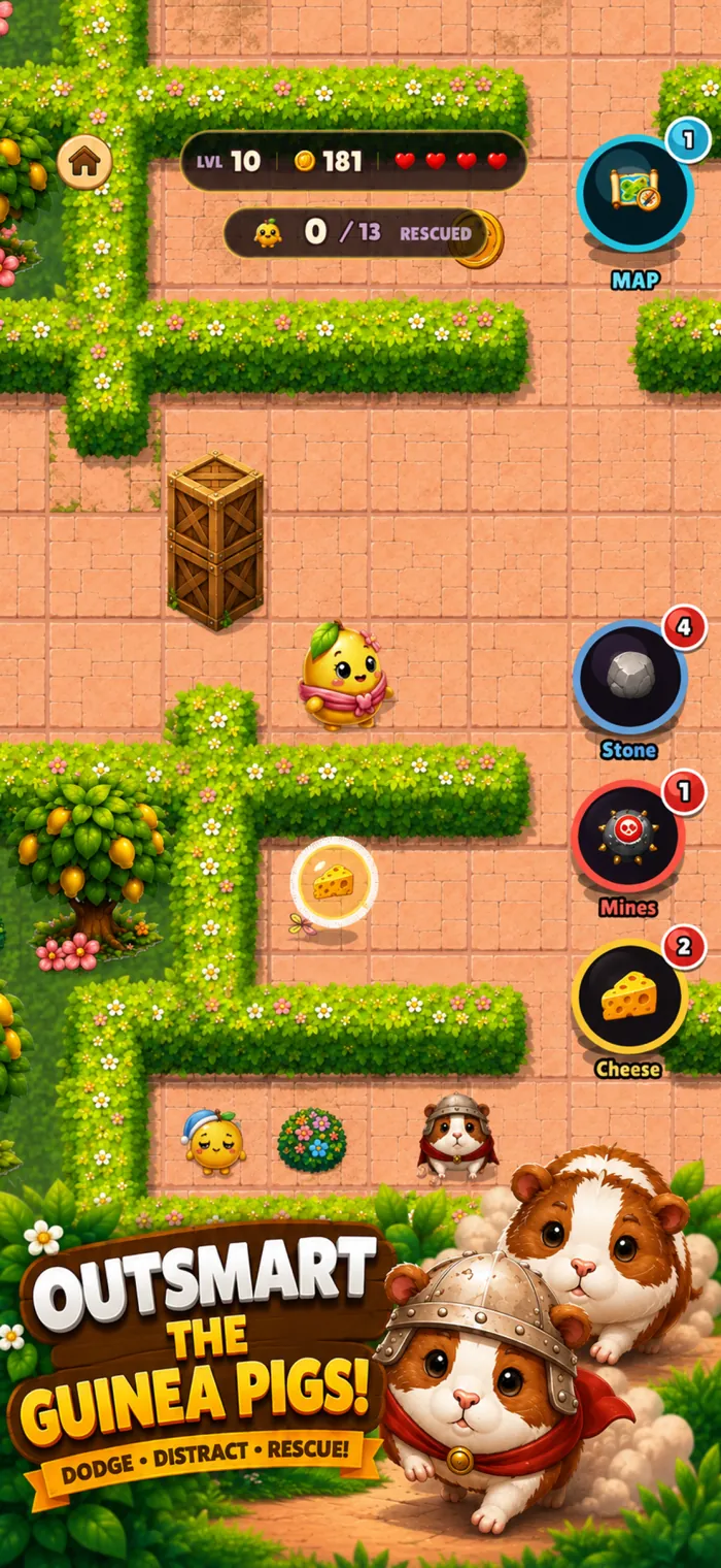 Gameplay: guinea pigs patrolling a hedge maze corridor